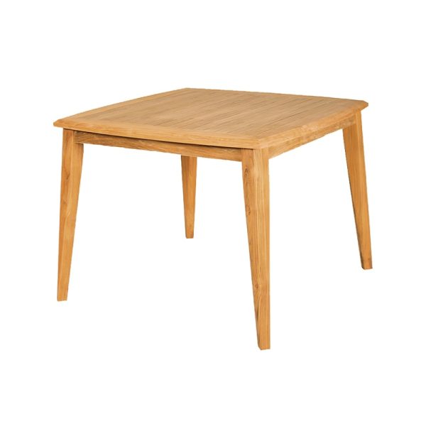 Mesa cuadrada de teca con acabado natural y diseño moderno de líneas simples, fabricada en madera sólida.