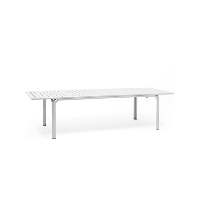 mesa-extensible-moderna-blanca-alloro-210. Mesa extensible moderna color blanco con estructura de aluminio y tablero tipo listones.