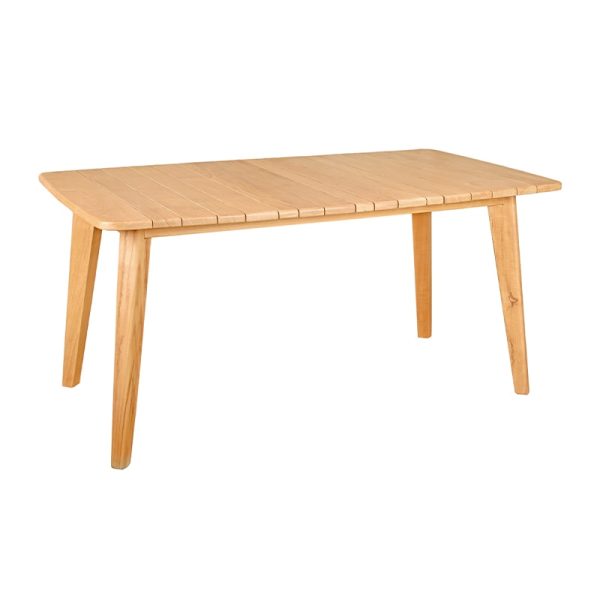 Mesa rectangular de teca con acabado natural, esquinas redondeadas y diseño moderno ideal para interiores y exteriores.