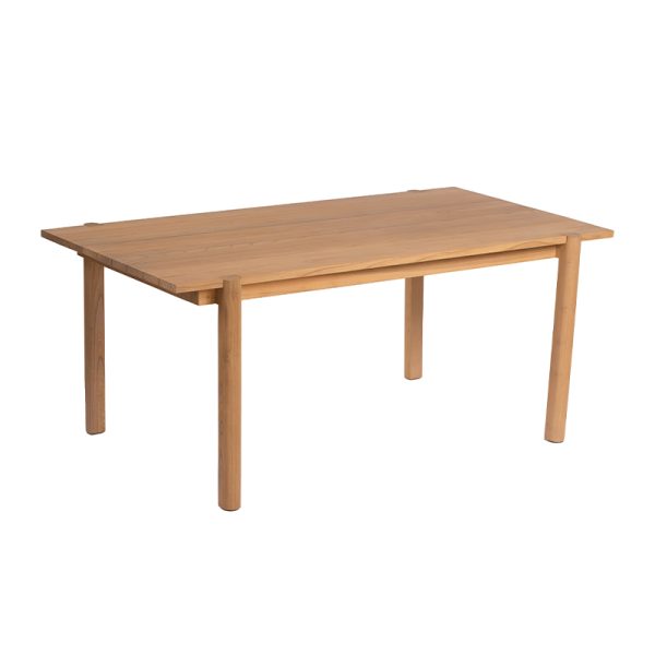 Mesa rectangular de teca fabricada en madera sólida, con patas cilíndricas y diseño natural ideal para interiores o exteriores.