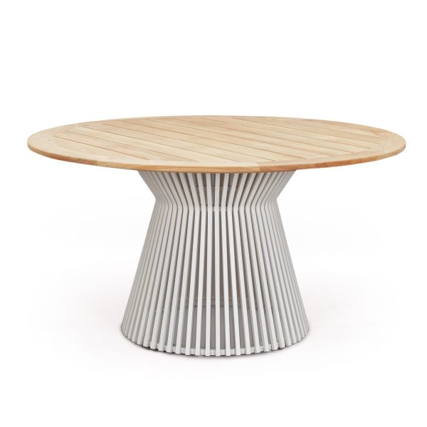 Mesa redonda de madera con tapa en tono claro y base metálica blanca formada por varillas verticales, diseño moderno y elegante.