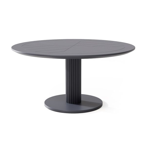 Mesa redonda negra con superficie lisa y base de columna circular acanalada, diseño moderno y minimalista.
