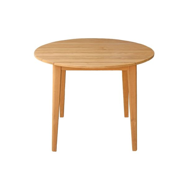 Mesa redonda de teca con acabado natural y diseño sencillo de líneas suaves, ideal para espacios interiores o exteriores.