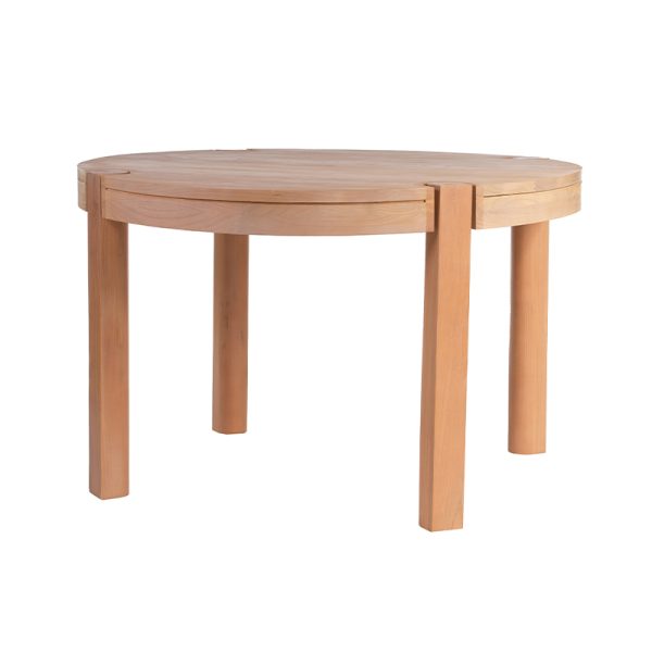 Mesa redonda de teca con estructura de madera sólida, patas rectas y diseño contemporáneo en acabado natural.