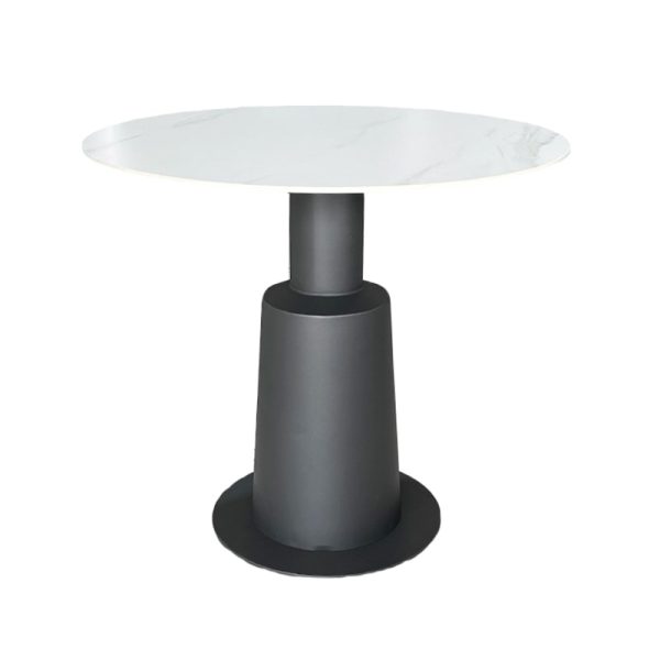 Mesa redonda de vidrio templado en color blanco con base cilíndrica negra de diseño moderno y elegante.